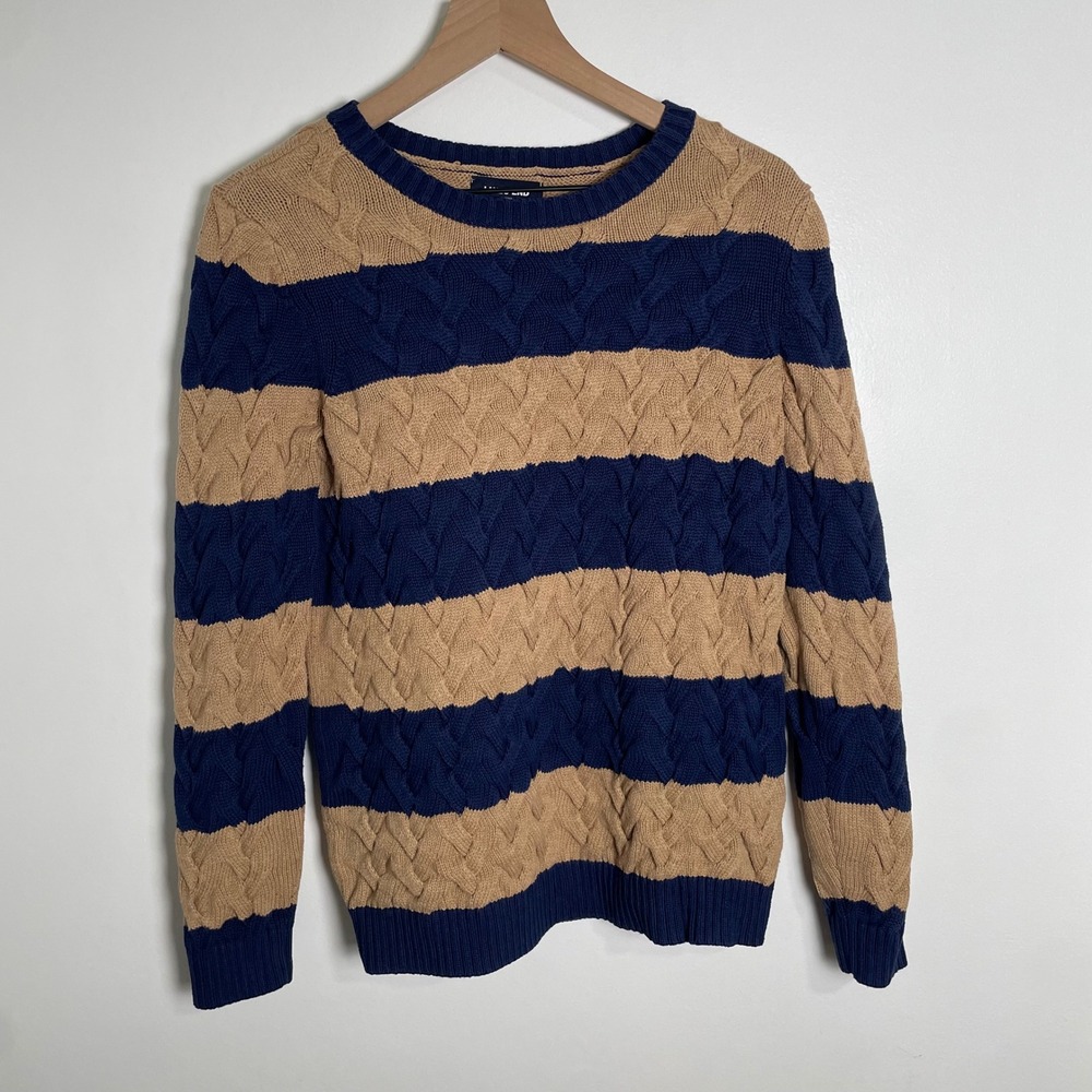 Lands End Drifter Sweater Women M Blue Brown Striped Cable Knit Cotton Fisherman